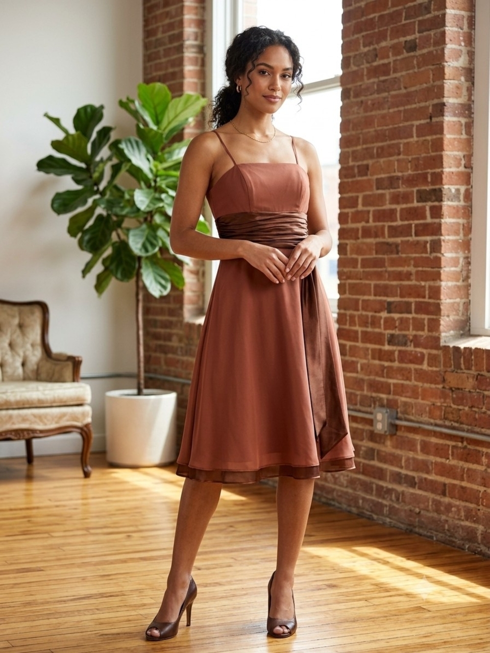 Satin-Waist A-Line Spaghetti Strap Dress in Rust